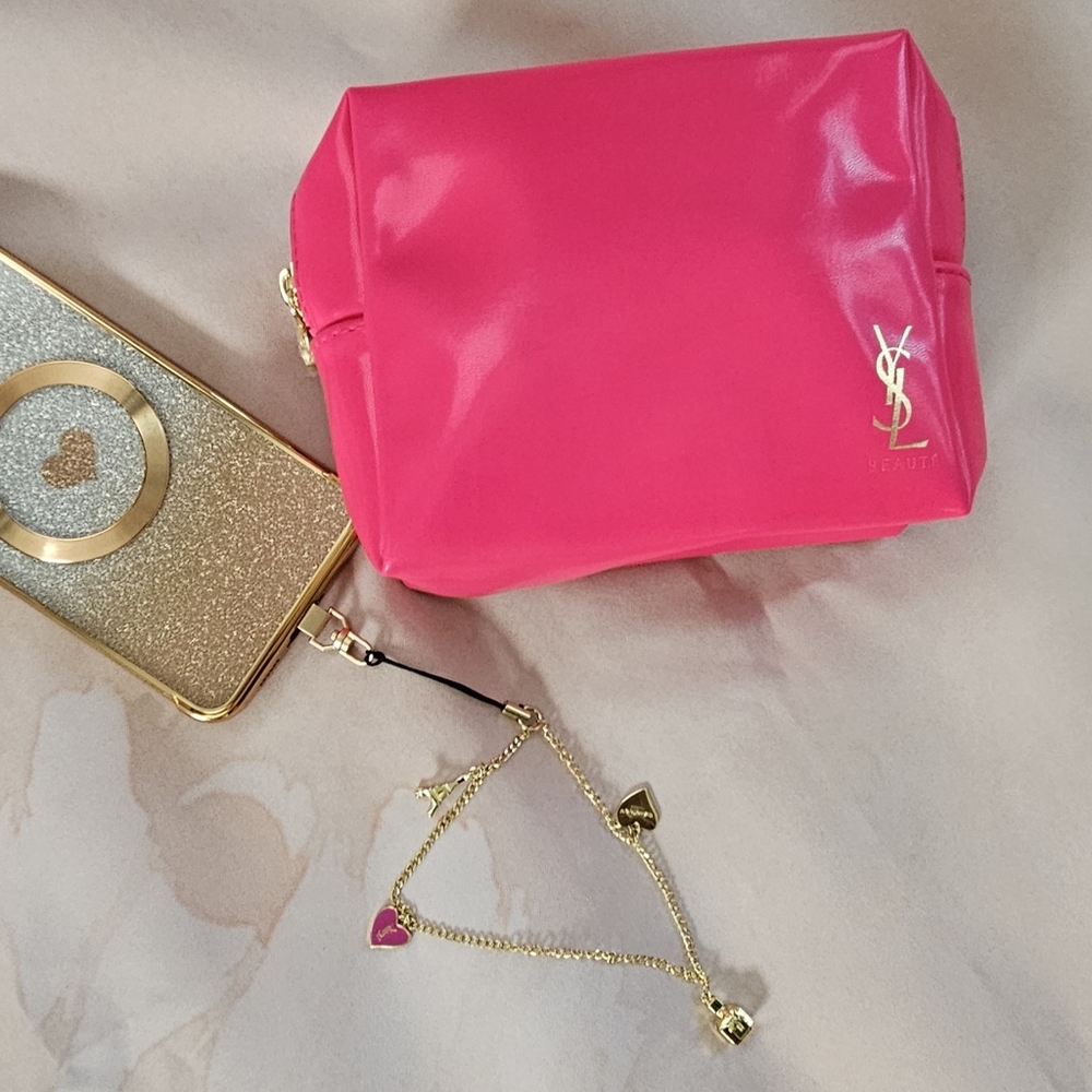 YSL Bundle! Phone Lanyard & Hot Pink Cosmetic Bag With Glossy Finish